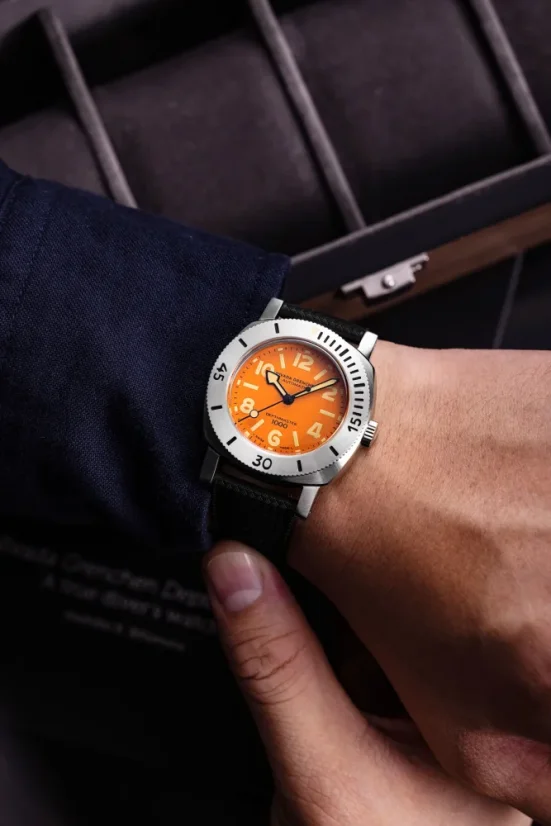 Men's silver Nivada Grenchen watch with leather strap Orange Depthmaster 14127A17 39MM Automatic