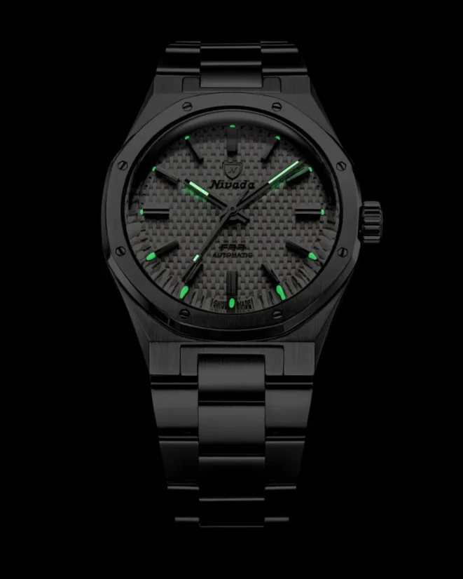 Men's silver Nivada Grenchen watch with steel strap 77 SST WHITE MK2 69014A77 With Date 38MM Automatic