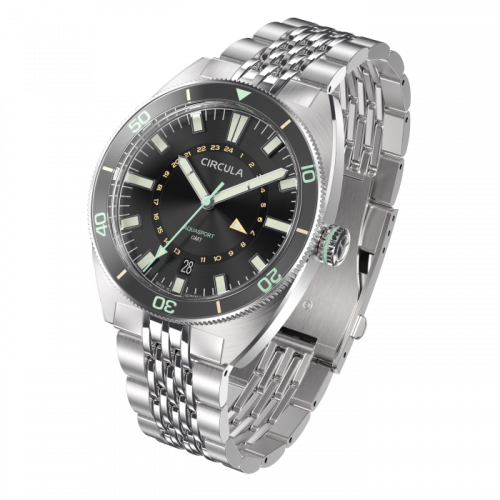 Strieborné pánske hodinky Circula Watches s ocelovým pásikom AquaSport GMT - Black 40MM Automatic