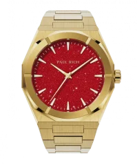 Złote zegarki męskie Paul Rich ze stalowym paskiem Star Dust II - Gold / Red 43MM