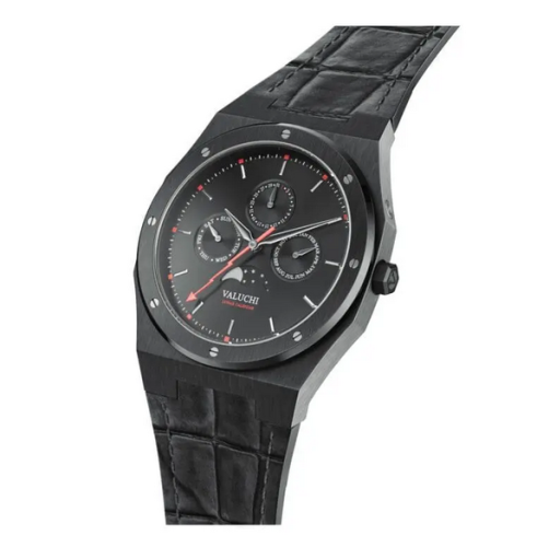 Miesten musta Valuchi Watches - kello nahkarannekkeella Lunar Calendar - Gunmetal Black Leather 40MM