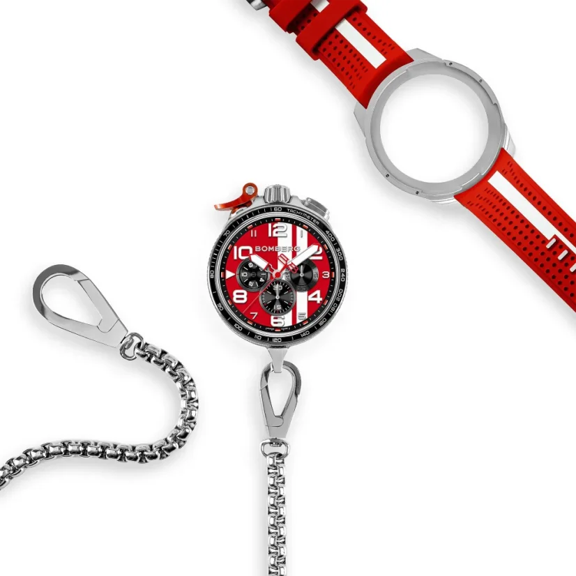 Silberne Herrenuhr Bomberg Watches mit Gummiband RACING 4.3 Red 45MM