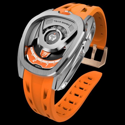 Men's silver Tsar Bomba Watch with a rubber band TB8213 - Silver / Orange Automatic 44MM