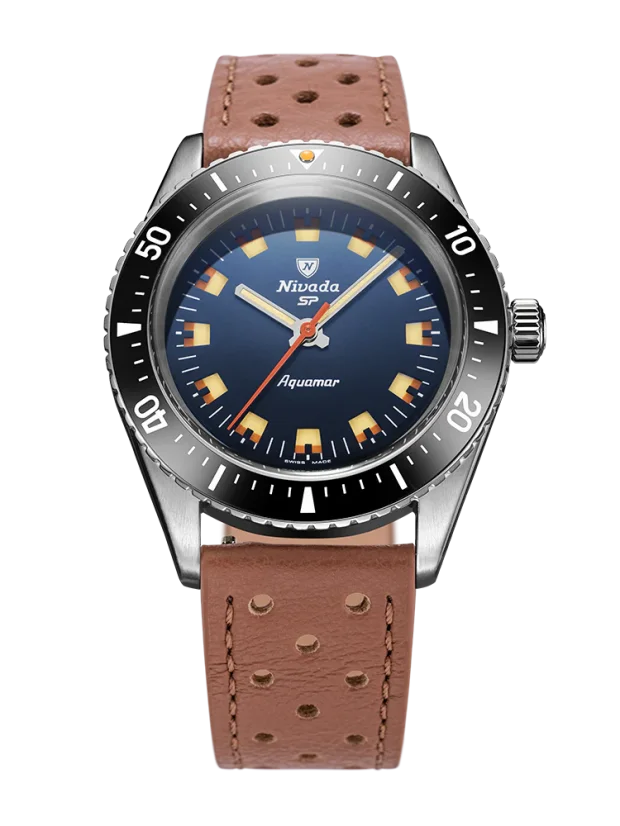 Stříbrné pánské hodinky Nivada Grenchen s koženým páskem Aquamar Blue 32074A23 38MM Automatic