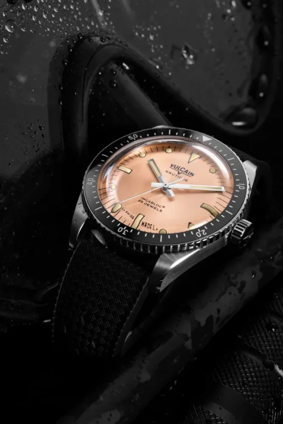 Men's silver Vulcain watch with rubber strap Skindiver Nautique - Salmon Beige Luminova - Rubber 44,5MM Automatic
