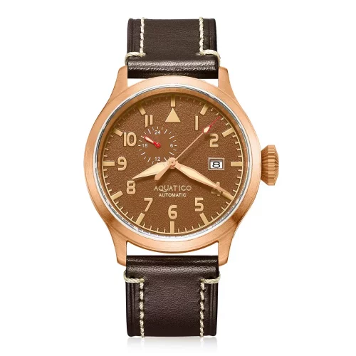 Zlaté pánske hodinky Aquatico Watches s koženým pásikom Big Pilot Brown Automatic 43MM