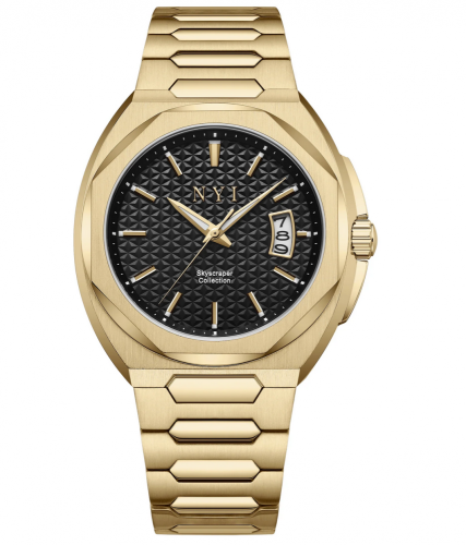 Zlaté pánske hodinky NYI Watches s oceľovým pásikom Empire - Gold 42MM