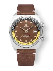 Men's silver Nivada Grenchen watch with leather strap Antarctic GMT - Tropical 32061A14 36MM Automatic