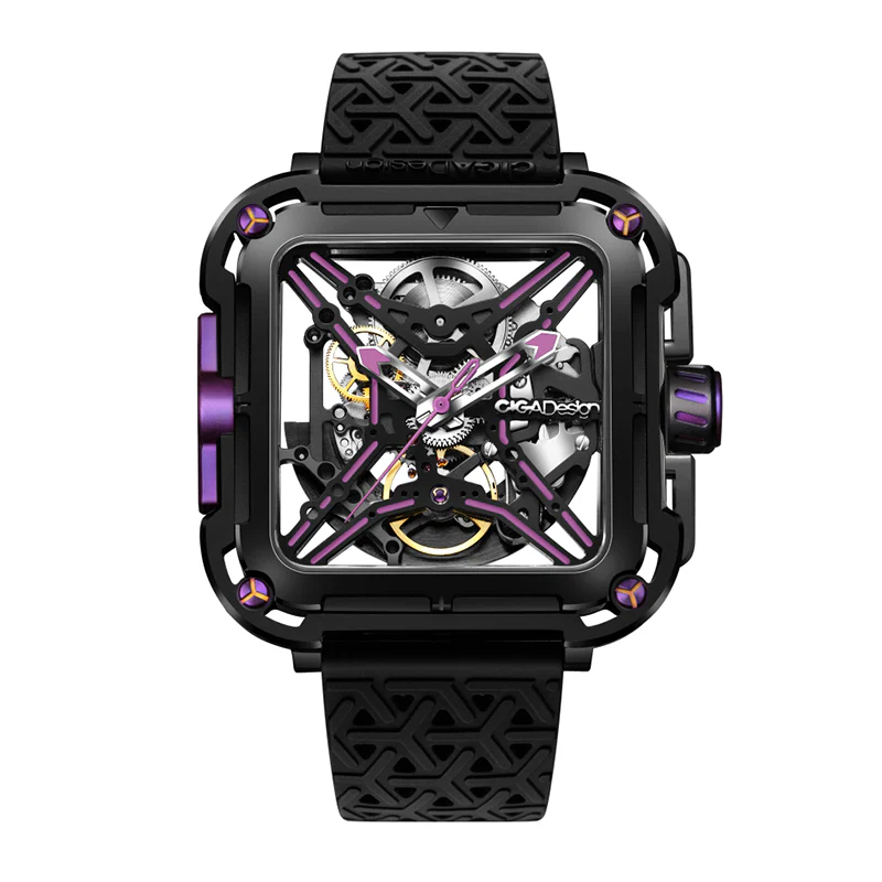 Czarny zegarek męski CIGA Design z gumowym paskiem Series X Gorilla Black / Purple 44MM Automatic