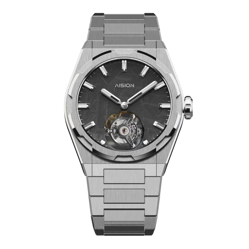 Silberne Herrenuhr Aisiondesign Watches mit Stahlband Tourbillon - Meteorite Dial Gunmetal 41MM