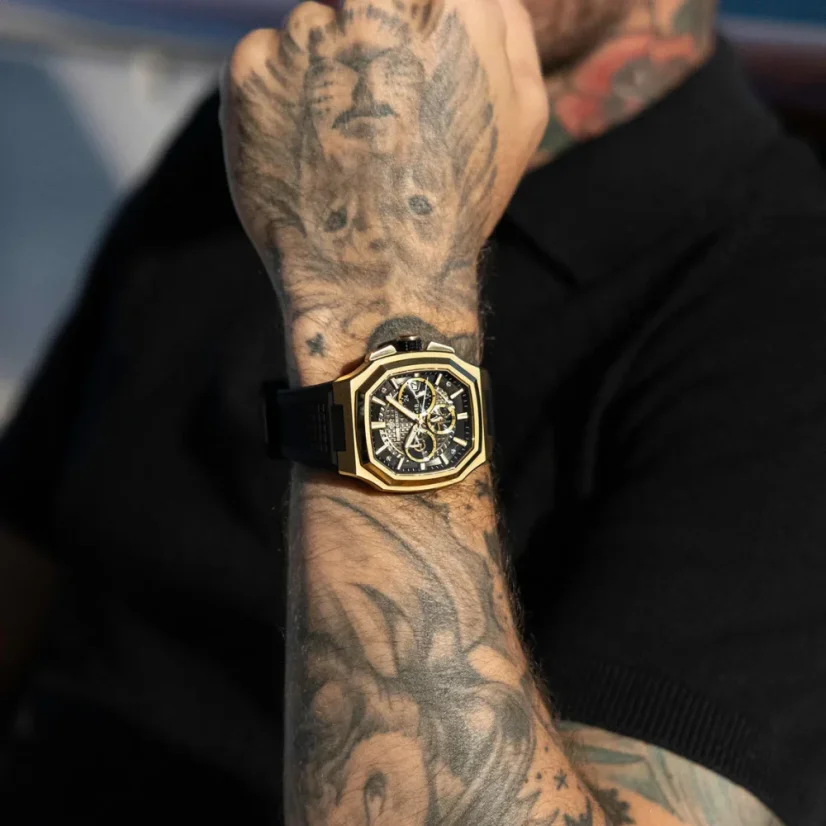 Zlaté pánské hodinky Ralph Christian s gumovým páskem The Equinox Chrono - Golden Eclipse 47MM