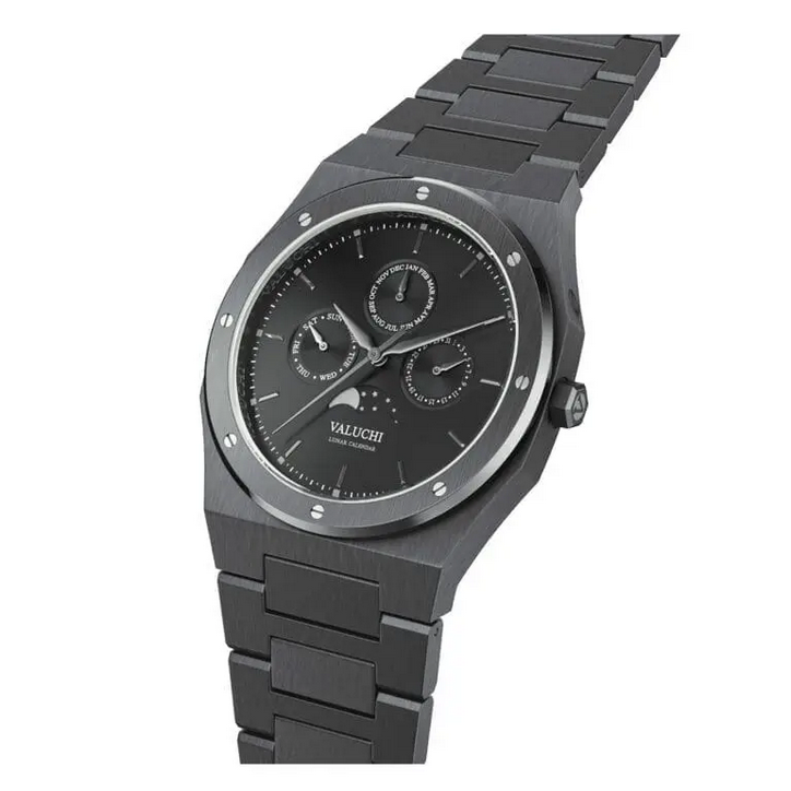 Men's black Valuchi watch with steel strap Lunar Calendar - Gunmetal Black Automatic 40MM