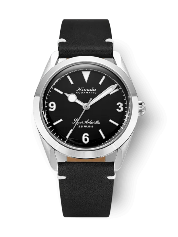 Stříbrné pánské hodinky Nivada Grenchen s koženým páskem Super Antarctic 3.6.9 Black No Vintage Effect 32039A15 38MM Automatic