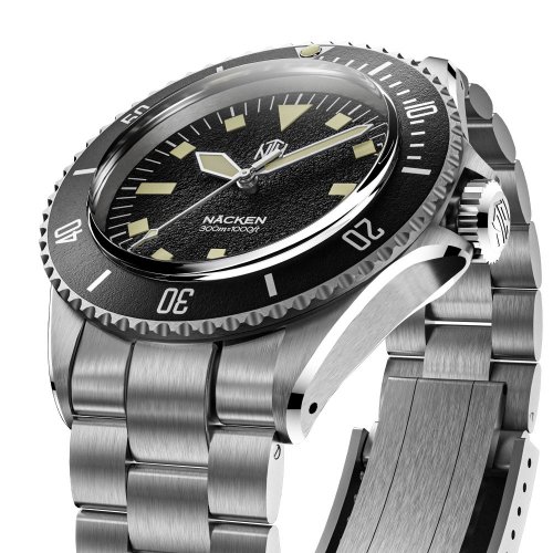 Reloj NTH Watches plateado para hombre con correa de acero Barracuda Vintage Legends Series No Date - Black Automatic 40MM