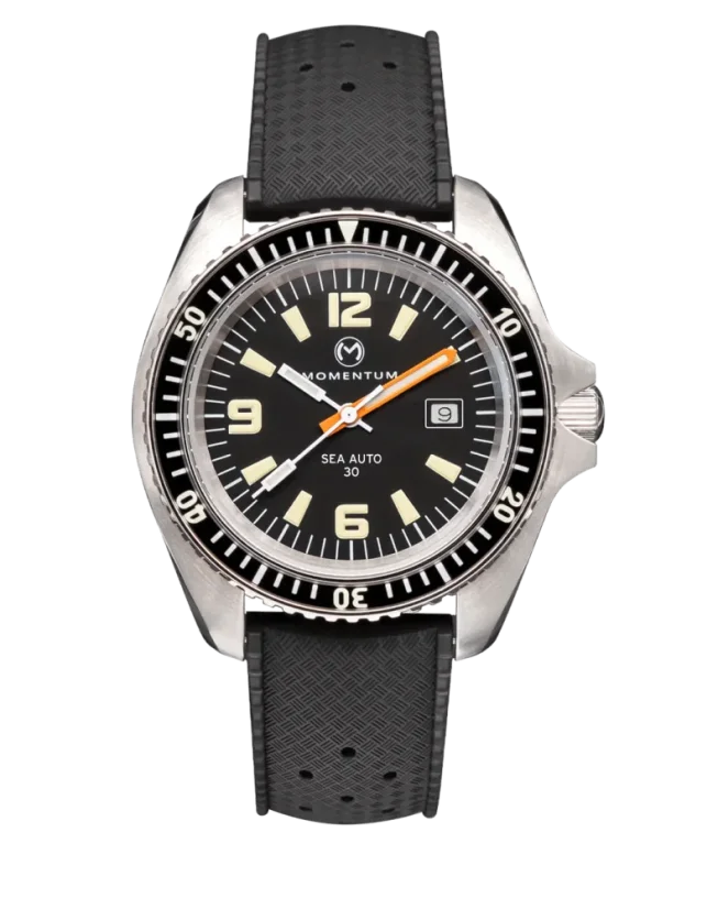 Strieborné pánske hodinky Momentum Watches s gumovým pásikom Sea Auto 30 Black Tropic Rubber 42MM Automatic