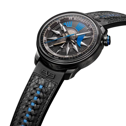 Czarny męski zegarek Bomberg Watches ze skórzanym paskiem AUTOMATIC SPARTAN BLUE 43MM Automatic