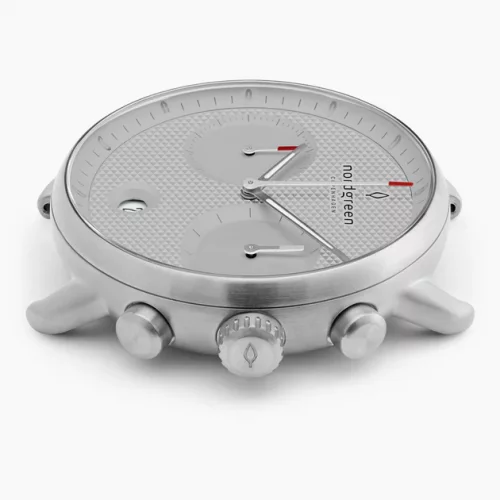 Miesten hopeinen Nordgreen - kello nahkarannekkeella Pioneer Textured Grey Dial - Black Leather / Silver 42MM