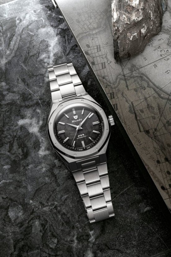 Men's silver Nivada Grenchen watch with steel strap F77 SST METEORITE MK2 68049A77 No Date 38MM Automatic