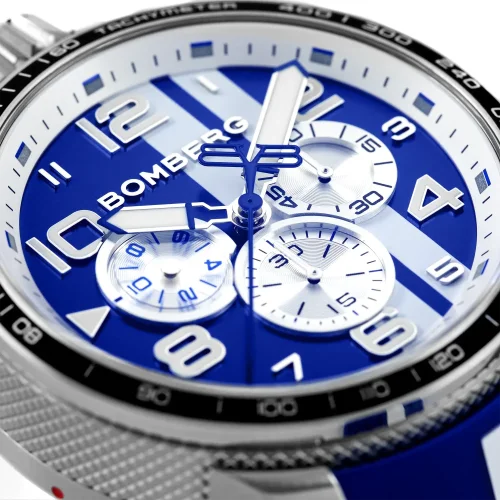 Strieborné pánske hodinky Bomberg Watches s gumovým pásikom RACING 4.1 Blue 45MM