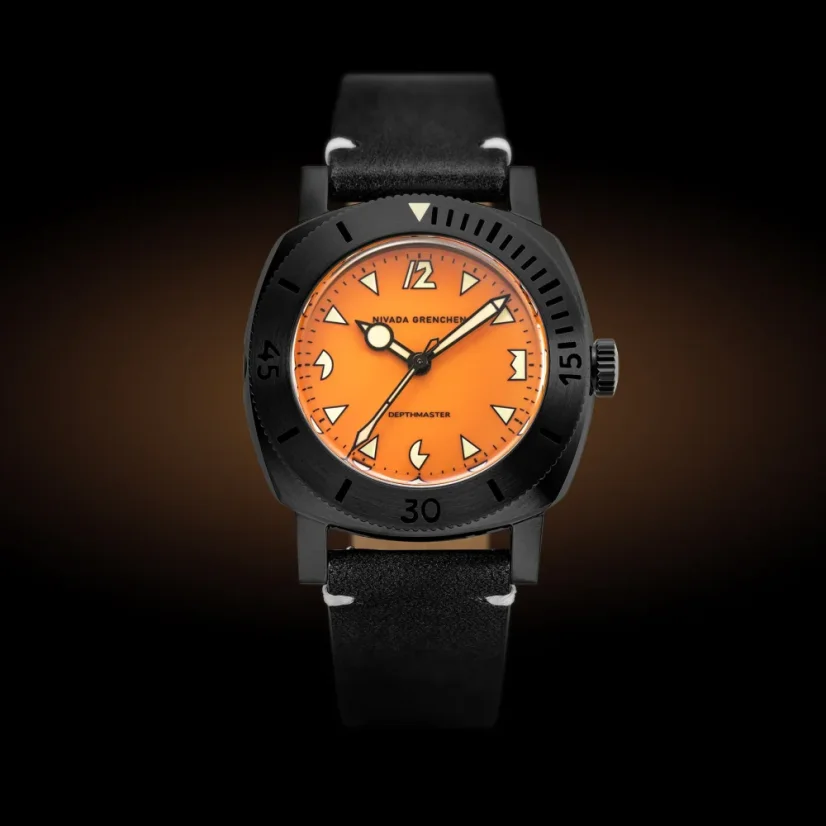 Men's black Nivada Grenchen watch with leather strap Depthmaster Black Pumpkin 14131A15 39MM Automatic