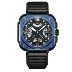 Blaue Herrenuhr OLTO-8 mit Lederband IRON-X Square Skeleton Blue / Black 46MM Automatic