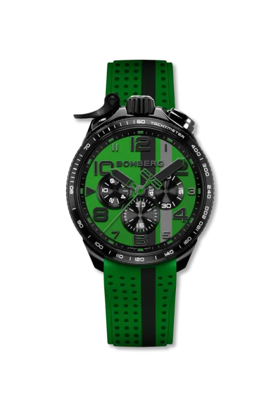 Schwarze Herrenuhr Bomberg Watches mit Gummiband RACING 4.4 Green 45MM