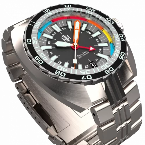 Stříbrné pánské hodinky NTH Watches s ocelovým páskem DevilRay GMT With Date - Silver / Black Automatic 43MM