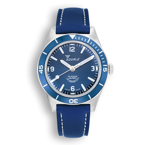Strieborné pánske hodinky Squale s pogumovanou kožou Super-Squale Arabic Numerals Blue Leather - Silver 38MM Automatic