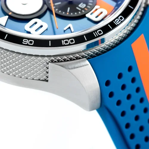 Strieborné pánske hodinky Bomberg Watches s gumovým pásikom RACING 4.2 Blue / Orange 45MM