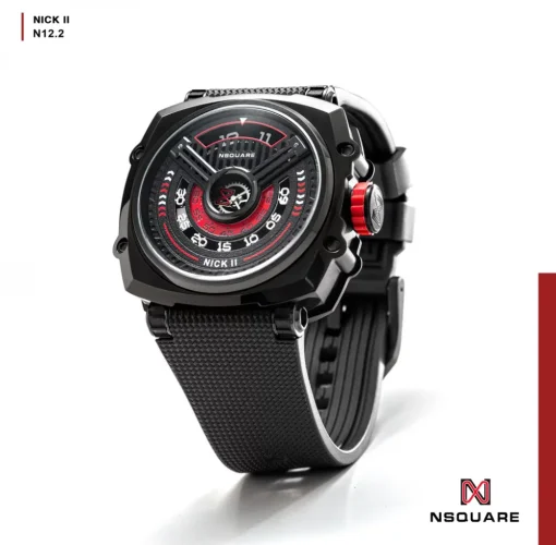 Černé pánské hodinky Nsquare s gumovým páskem NSQUARE NICK II Black / Red 45MM Automatic