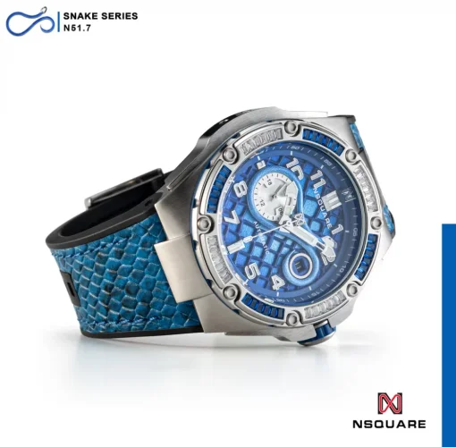 Stříbrné pánské hodinky Nsquare s koženým páskem SnakeQueen Silver / Blue 46MM Automatic