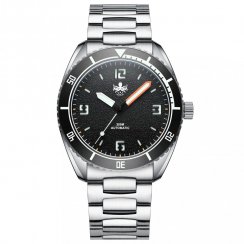 Stříbrné pánské hodinky Phoibos Watches s ocelovým páskem Reef Master 200M - Pitch Black Automatic 42MM