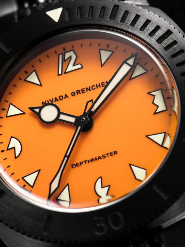Men's black Nivada Grenchen watch with leather strap Depthmaster Black Pumpkin 14131A15 39MM Automatic