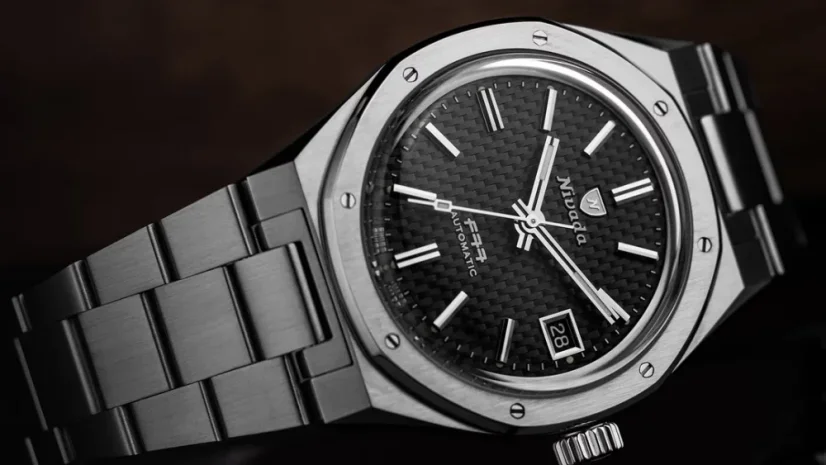 Men's silver Nivada Grenchen watch with steel strap F77 Black No