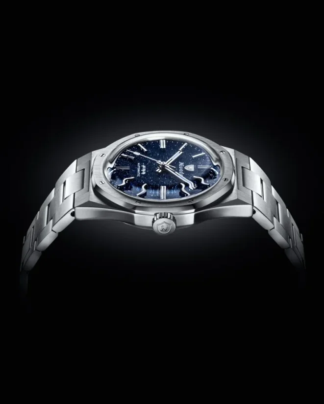 Strieborné pánske hodinky Nivada Grenchen s textilným opaskom F77 STAINLESS STEEL DARK BLUE 68010A77-BC 37MM Automatic