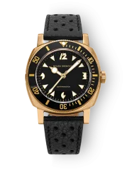 Men's gold Nivada Grenchen watch with leather strap Pacman Depthmaster Bronze 14123A10 Black Racing Leather 39MM Automatic