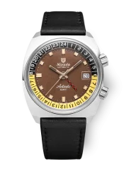 Men's silver Nivada Grenchen watch with leather strap Antarctic GMT - Tropical 32061A17 36MM Automatic