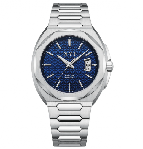 Męski srebrny zegarek NYI Watches ze stalowym paskiem Hudson - Silver 42MM