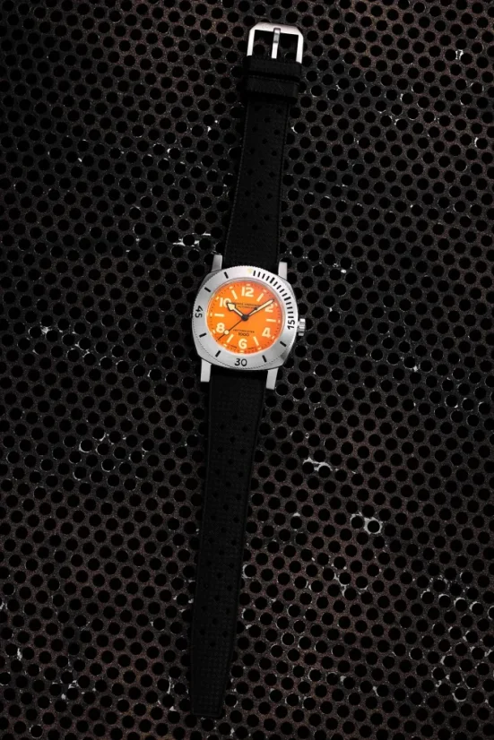 Men's silver Nivada Grenchen watch with leather strap Orange Depthmaster 14127A17 39MM Automatic