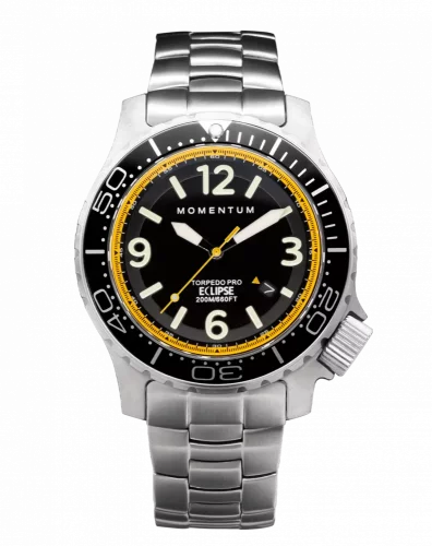 Męski srebrny zegarek Momentum Watches ze stalowym paskiem Torpedo Blast Eclipse Solar Yellow 44MM