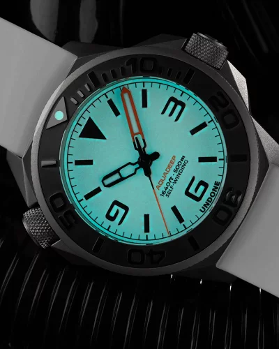 Męski srebrny zegarek Undone Watches z gumowym paskiem AquaLume White 43MM Automatic