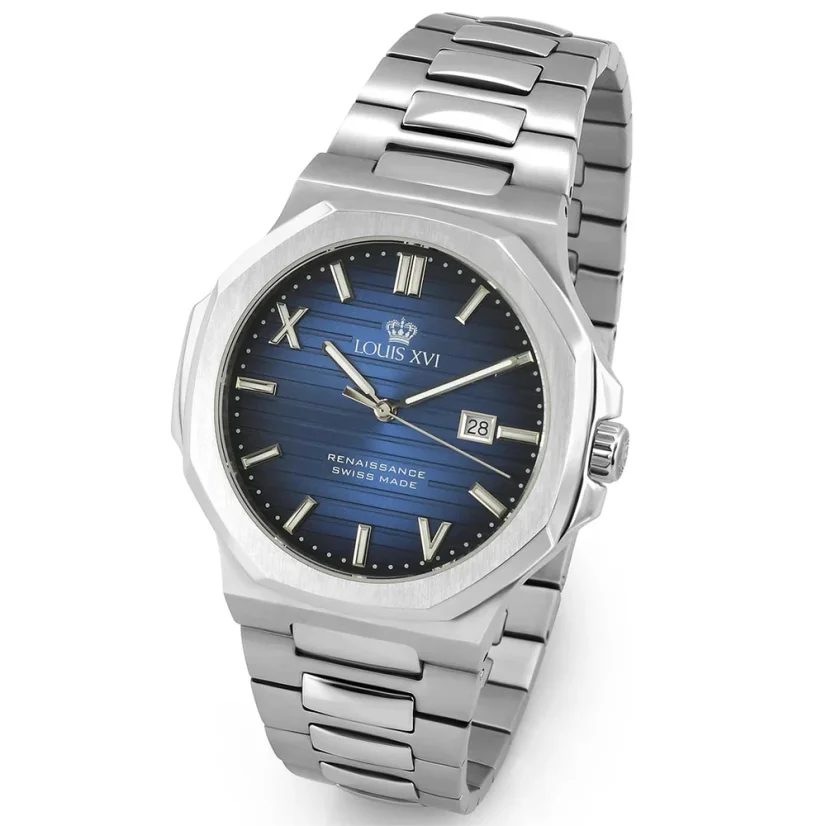 Montre Louis XVI pour hommes en argent avec bracelet en acier inoxydable Renaissance 1620 - Silver Blue 40MM