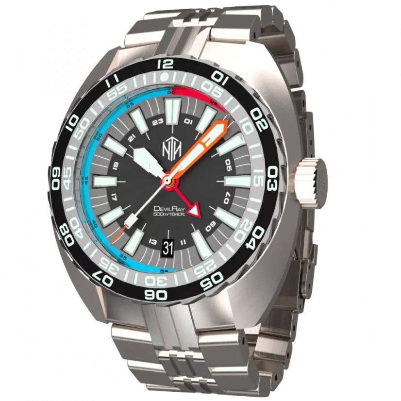 Men's silver NTH watch with steel strap DevilRay With Date - Silver / Black Automatic 43MM