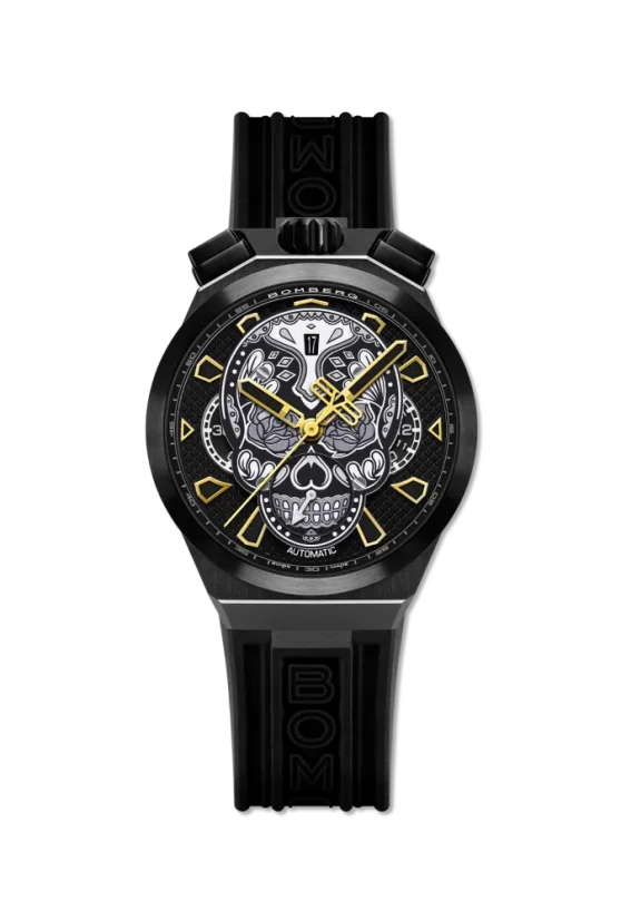 Montre Bomberg Watches pour hommes en noir avec élastique CHRONO SKULL THROWBACK EDITION - ALL BLACK 44MM Automatic