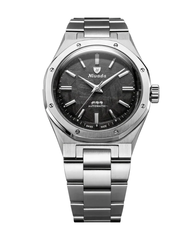 Men's silver Nivada Grenchen watch with steel strap F77 SST METEORITE MK2 68049A77 No Date 38MM Automatic