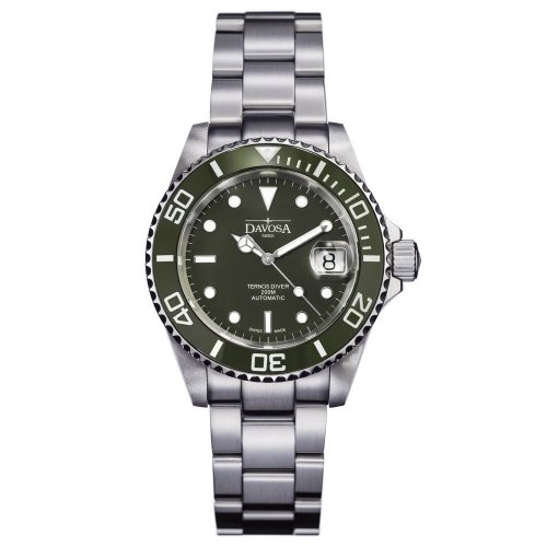 Ασημένιο ρολόι Davosa για άντρες με ιμάντα από χάλυβα Ternos Ceramic - Silver/Green 40MM Automatic