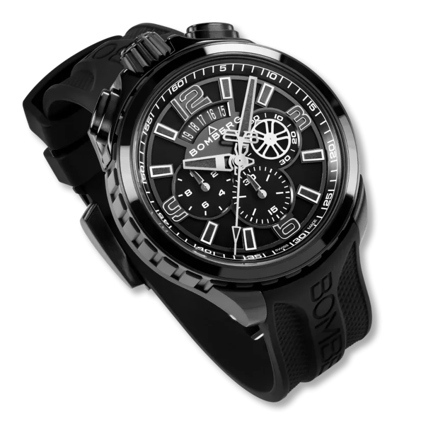 Schwarze Herrenuhr Bomberg Watches mit Gummiband DEEP BLACK 45MM