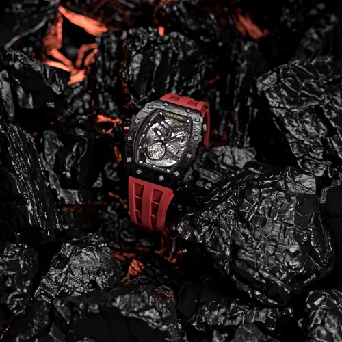 Tsar Bomba Watch zwart herenhorloge met rubberen band TB8208CF - Passion Red Automatic 43,5MM