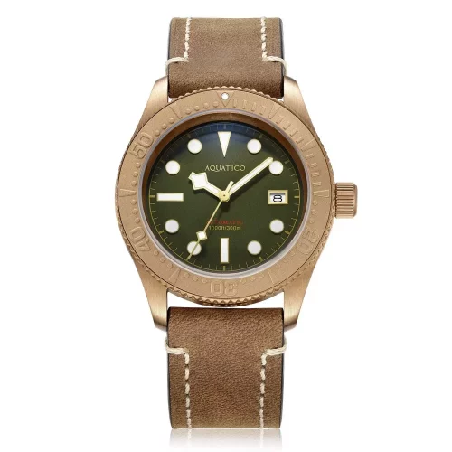 Reloj Aquatico Watches dorado de hombre con correa de piel Bronze Sea Star Green Bronze Bezel Automatic 42MM