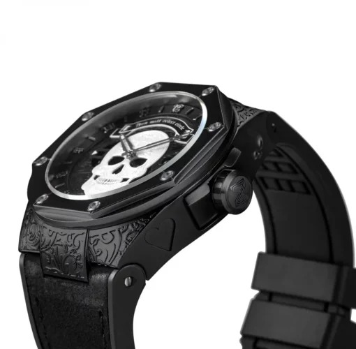 Černé pánské hodinky Nsquare s koženým páskem The Magician Black 46MM Automatic